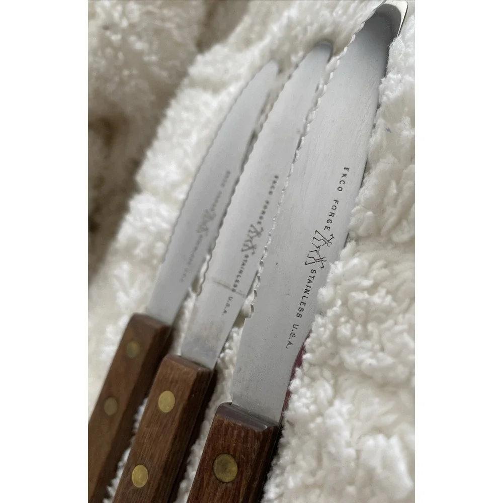 Vintage EKCO Forge Stainless‎ U.S.A. Serrated Steak Knives (3) Wood Handle